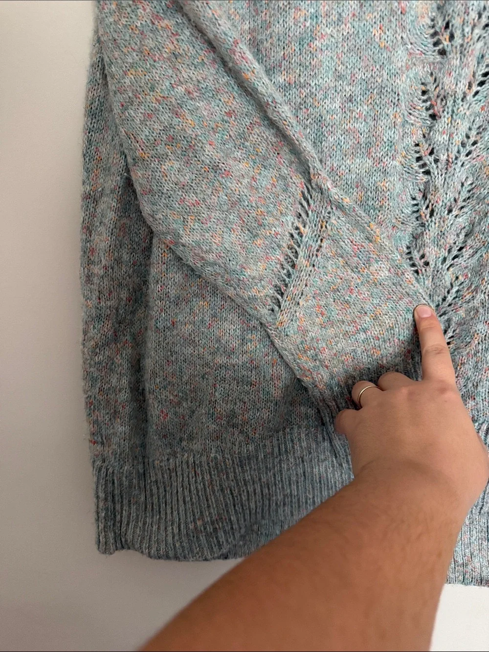 LOFT Speckled Light Gray Lace-Knit Crewneck Sweater